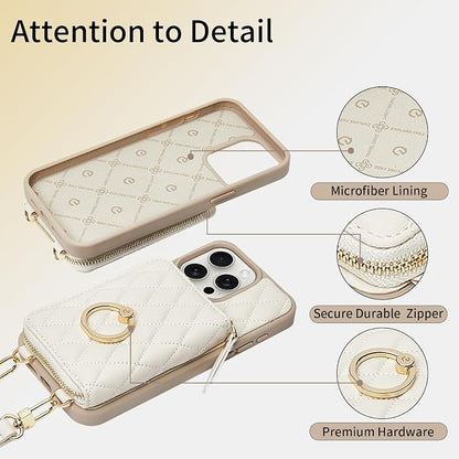 ZVE Compatible with iPhone 15 Pro Case Wallet for Women, PU Leather Shockproof Crossbody Phone Case with Card Holder for iPhone 15 Pro 6.1 Inch-Beige