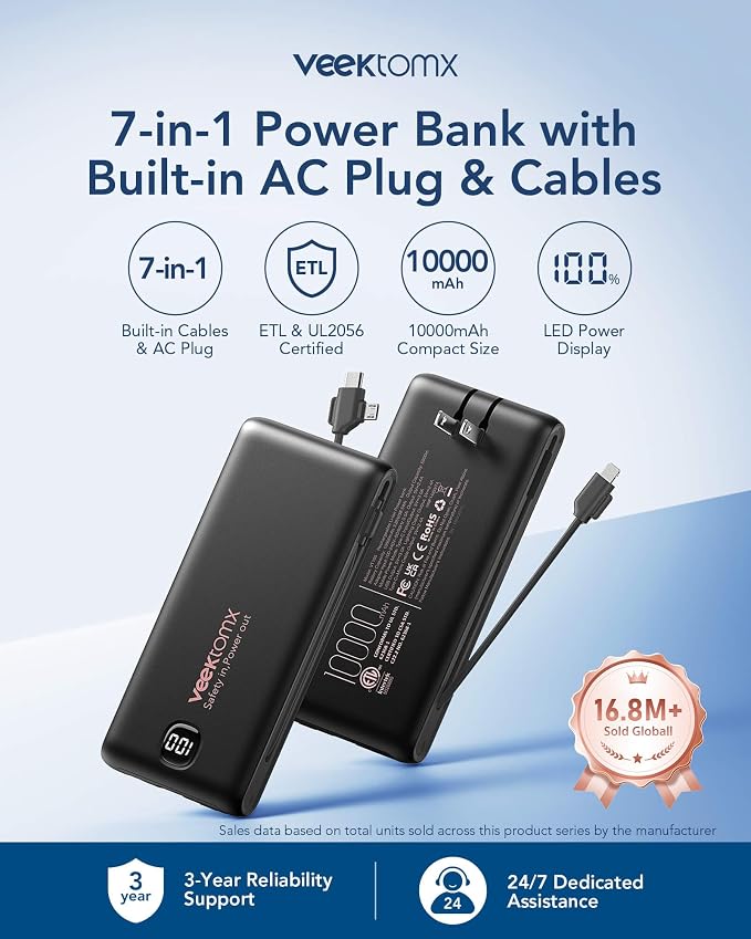 VEEKTOMX Portable Charger with Built in Cables 10000mAh, Power Bank for iPhone with AC Wall Plug, Fast Charging USB C Slim Battery Pack with LED Display Compatible with iPhone 17/16/15, Samsung