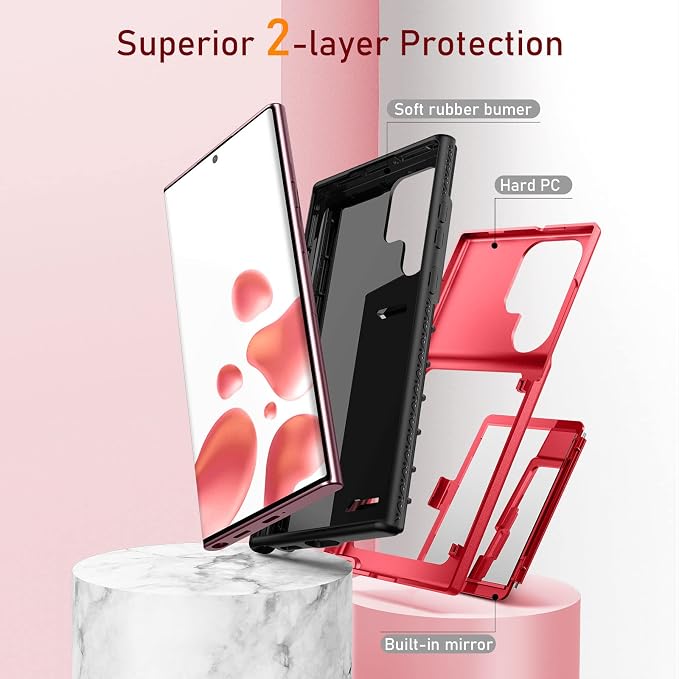 WeLoveCase Samsung Galaxy S22 Ultra Case Wallet Case with Credit Card Holder & Hidden Mirror, All-Round Protection Shockproof Phone Cover Designed for Samsung Galaxy S22 Ultra, 6.8 Inch Red