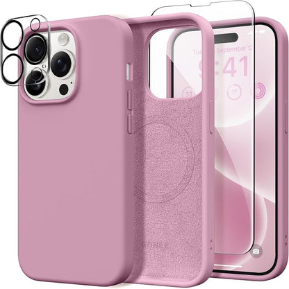 GONEZ for iPhone 14 Pro Case, Compatible with Magsafe, with Screen Protector + Camera Lens Protector, Soft Anti-Scratch Microfiber Lining, Shockproof Liquid Silicone Phone Cover, Blackcurrant