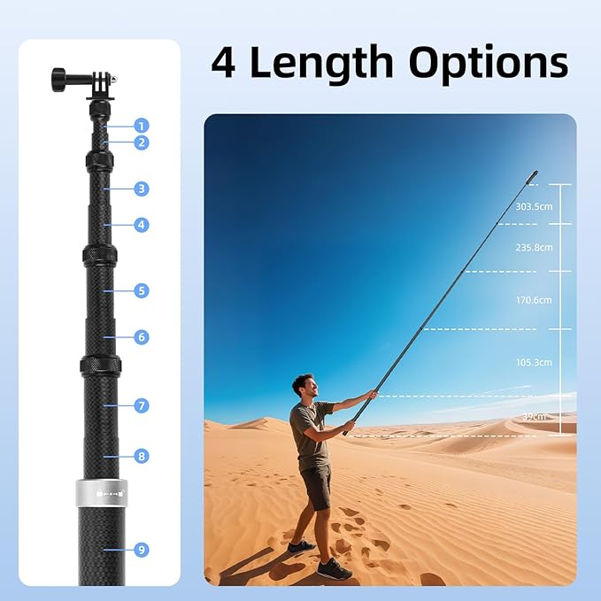 BRDRC 3m Selfie Stick for Insta360 X5 X4 Air, 118 Inch Carbon Fiber Invisible Ultra Long Extension Pole for Insta 360 ONE X5 X4 X3 RS, for DJI OSMO 360 Accessories (with Go Pro Adapter, Storage Bag)