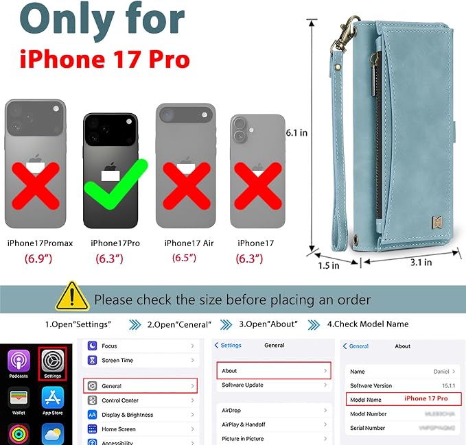 Wallet Case for iPhone 17 Pro with Card Holder/Crossbody Wallet/Strap,[RFID Blocking][Magnetic] PU Leather Phone Case for iPhone 17 Pro,6.3 in,Dream Blue