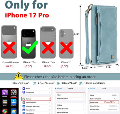 Wallet Case for iPhone 17 Pro with Card Holder/Crossbody Wallet/Strap,[RFID Blocking][Magnetic] PU Leather Phone Case for iPhone 17 Pro,6.3 in,Dream Blue