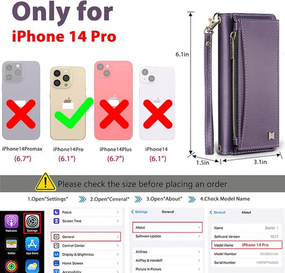 Wallet Case for iPhone 14 Pro with Card Holder/Crossbody Wallet/Strap| RFID Blocking | Magnetic | Kickstand | Detachable | PU Leather Phone Case for iPhone 14 Pro,6.1 in,Purple