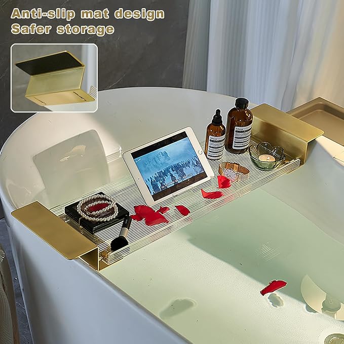 Acrylic Bathtub Caddy Tray, Expandable Bathtub Tray with Gold Handles, Reading Rack Tablet Holder Holds Phone, Books, Candles, Food, Wine and Tablet(80cm/31inch, Ripple)