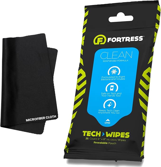 Fortress Electronic Wipes With Microfiber Cloth (25 ct.) To-Go Tech Wipes for Screens, Phones, Keyboards, TV Monitors, Computer Screens, and More [Travel Size] Skin-Safe