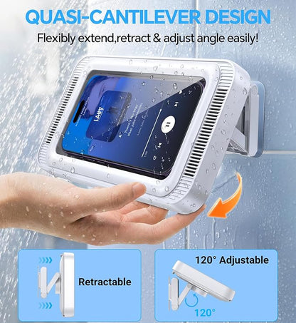 Coolpow Shower Phone Holder Waterproof with Speaker, Waterproof Phone Holder for Shower with 480° Adjustable【Enhanced Sound Quality】 HD Touch Screen Water-Proof & Anti-Fog Phone Mount for 4-7" Phones