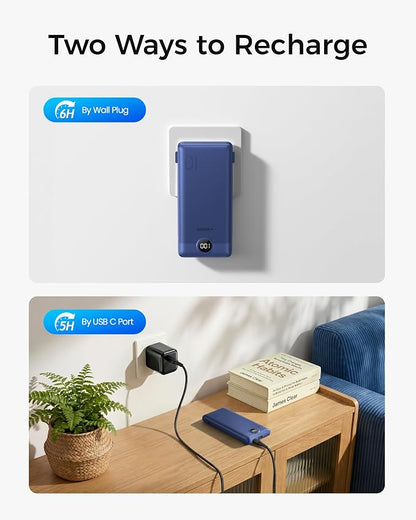VEGER Portable Charger with Built-in AC Plug and Cables, All in One 10000mAh Ultra Slim Power Bank Travel Essentials, USB C External Battery Pack Compatible with iPhone, Samsung, More, Navy