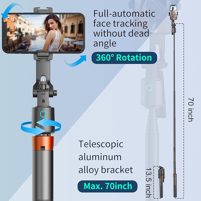 70" Auto Face Tracking Phone Tripod 360 Rotation,No App Required，Phone Tripod for w/Fill Light and Remote Control, Smart Shooting Stand for Vlog/TIK Tok Live Streaming YouTube Video Record