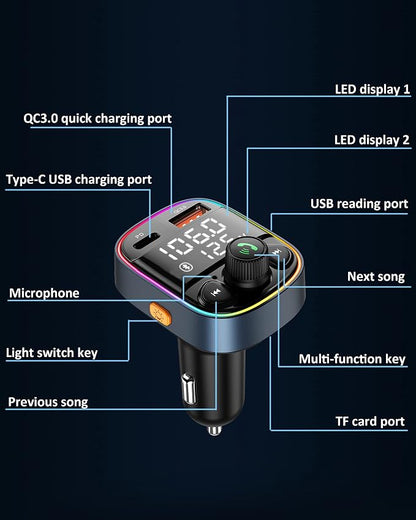 LIHAN Bluetooth 5.4 Bluetooth Car Adapter, FM Transmitter with QC3.0/Type-C 42W Fast Charging, Dual LED Display, HiFi Bass, Handsfree Calls/Audio Transmitter, TF/USB Music Player, 7-Color Backlit