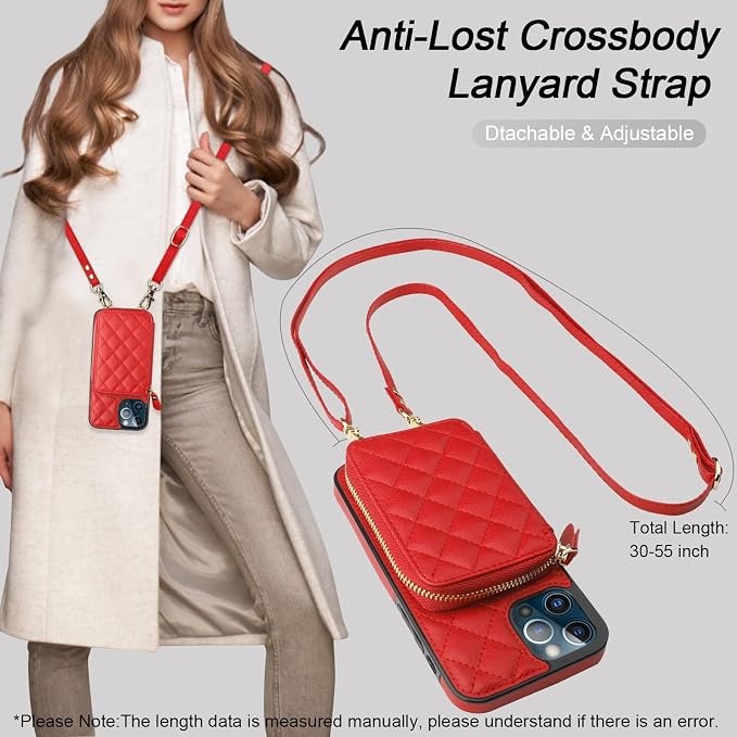 Bocasal Crossbody Wallet Case for iPhone 13 Pro Max, RFID Blocking PU Leather Zipper Handbag Purse Flip Cover, Kickstand Folio Case with Card Slots Holder Wrist Strap Lanyard 5G 6.7 Inch (Red)