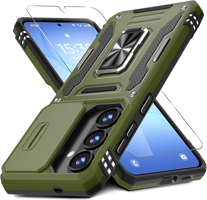 DEERLAMN Case for Samsung Galaxy S26+ Plus 6.7-Inch with Slide Camera Cover+Screen Protector(1 Pack), Rotated Ring Kickstand Military Grade Shockproof Protective Cover-Olive Green