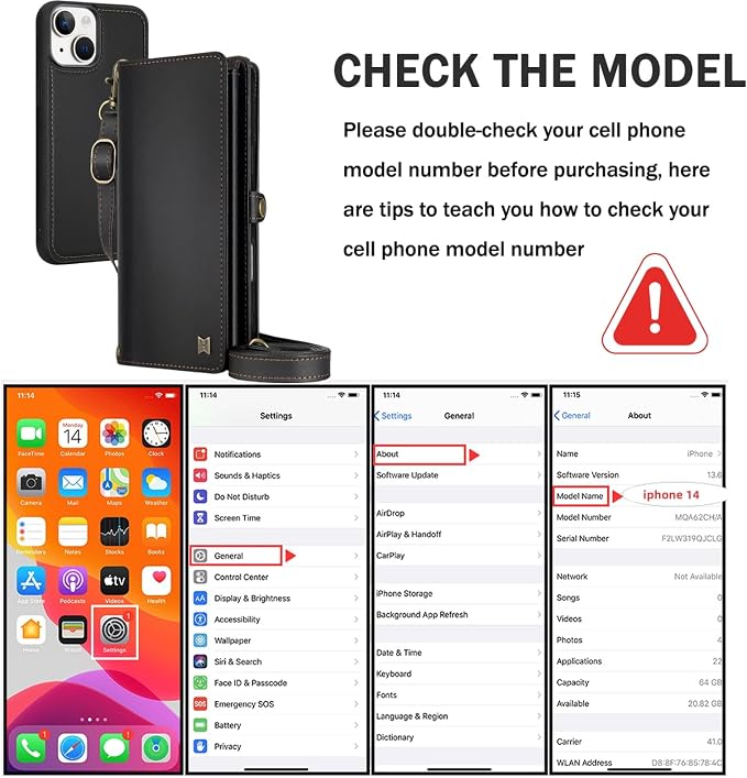 for Wallet Case Compatible with iPhone 14,Multi-Function Detachable 2 in 1 Magnetic iPhone 14 Case Wallet,Flip Strap Zipper Card Holder Phone Case with Shoulder Straps (Black)