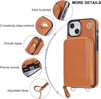 KIHUWEY Crossbody Wallet Case for iPhone 13 iPhone 14, Zipper Pocket Case with Card Holder, PU Leather RFID Blocking Protective Cover Case with Kickstand Detachable Wrist Strap Lanyard 6.1" (Brown)