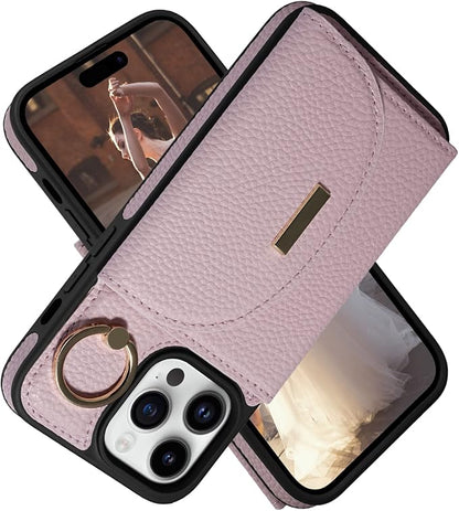 Keallce Wallet Case for iPhone 14 Pro Max 6.7'', Flip Case with Card Slots, Ring Holder Kickstand, PU Leather Protective Folio Cover for Women, Pink
