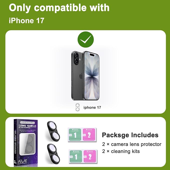 2-Pack Shatterproof Camera Lens Protector for iPhone 17 |AR Tempered Glass Strong Adsorption Metal Camera Cover Screen(Silvery)