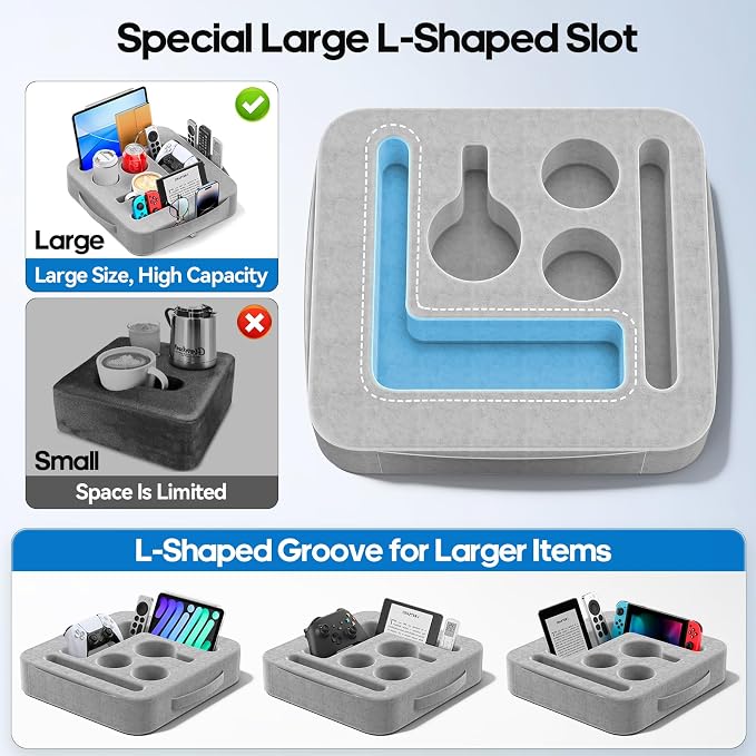 Couch Cup Holder Tray, Couch Caddy for Drink, Snack, Phone, Remote, Ipad, Game Controller, Large-size Sofa Cup Holder for Bed, Sofa, Car, Desk, Gray