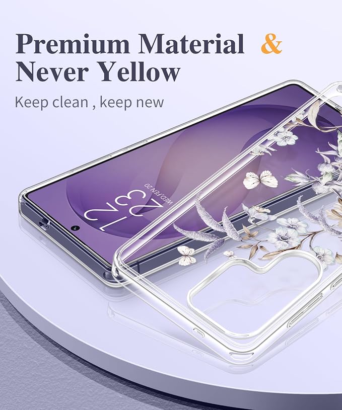 GVIEWIN Compatible with Samsung Galaxy S26 Ultra Case, Clear Floral Slim Shockproof Protective Women Phone Case, Non-Yellowing, with Screen Protector & Camera Lens Protector 6.9", Corals/Lilac