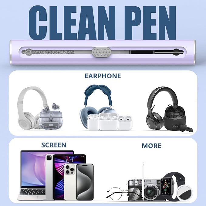 【1 Pack】 Cleaner Kit for Airpods 4 Case,Cleaning Kit Pen Shape with Soft Brush Flocking Sponge Tool for Bluetooth Earphones Headphones Charging Case,Phone,Camera and Computer(Purple)
