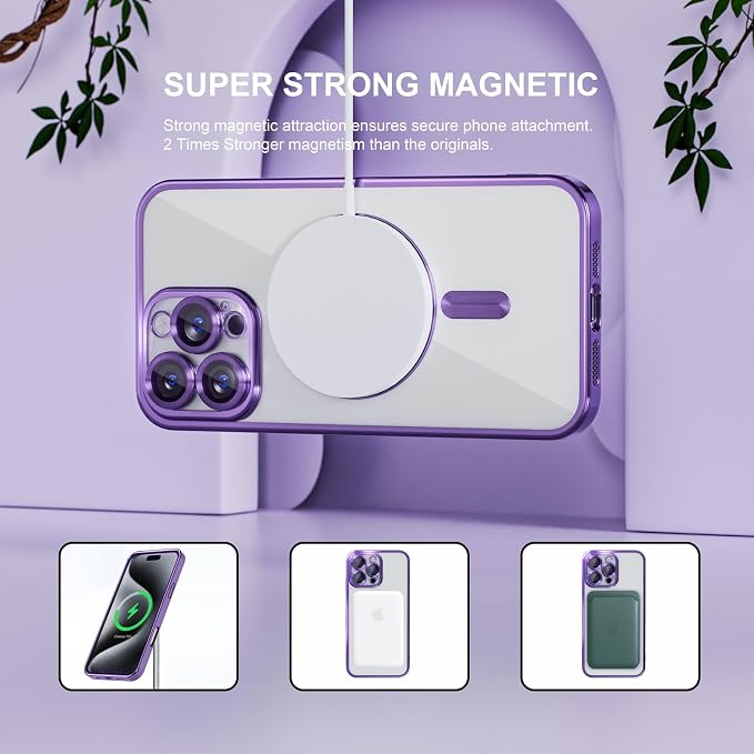 Misea Magnetic for iPhone 16 Pro Max Case Compatible with MagSafe [Never Yellowing] [Military Grade Drop Protection] Full Camera Lens Protector Plating Soft Clear Phone Case for Women 6.9", Purple