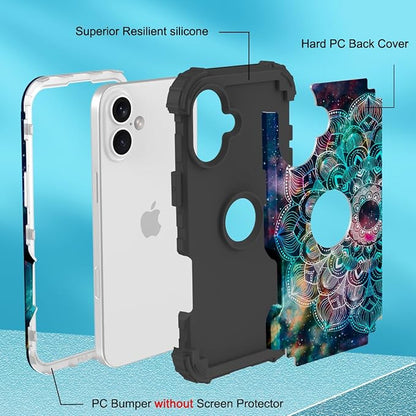 Hocase for iPhone 16 Case 6.1", Heavy Duty Shockproof Protection Soft Silicone Rubber+Hard Plastic Bumpers Hybrid Protective Case for iPhone 16 2024 - Mandala in Galaxy