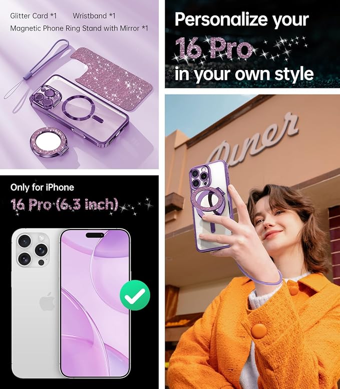 Meifigno Magnetic Case with Removable Phone Ring Stand for iPhone 16 Pro, [Glitter Card & Wrist Strap] [MagSafe Compatible] [Built in Mirror] Magnetic Phone Ring Holder + 16 Pro Case Kit, Purple