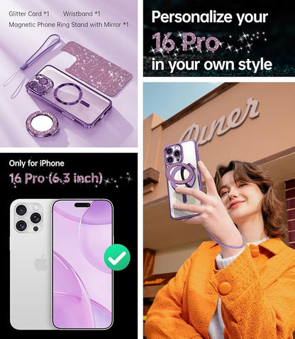 Meifigno Magnetic Case with Removable Phone Ring Stand for iPhone 16 Pro, [Glitter Card & Wrist Strap] [MagSafe Compatible] [Built in Mirror] Magnetic Phone Ring Holder + 16 Pro Case Kit, Purple