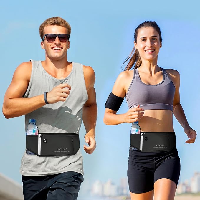 SooGree Slim Running Belt Fanny Pack, Resistant Waist Pack Money Belt Bag for Hiking Cycling Workout, Gym Phone Holder with Adjustable Strap (Black)
