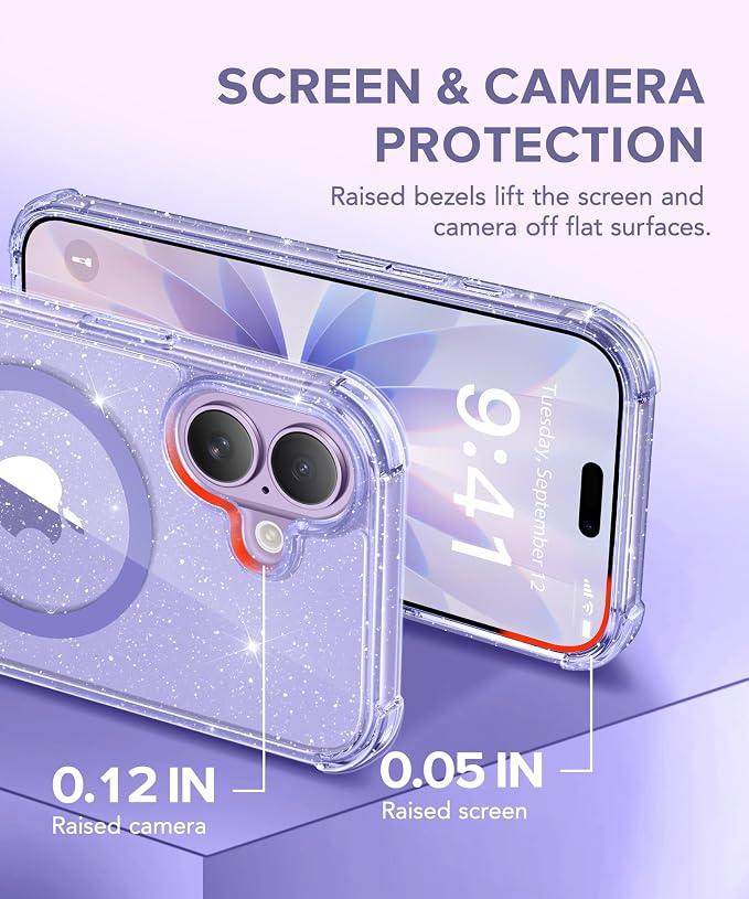 BERFY for iPhone 17 Case for Women, Clear Glitter Shockproof Protective Case, Anti-Yellowing, with Screen Protector & Camera Lens Protector 6.3", Magnetic Sparkle Purple