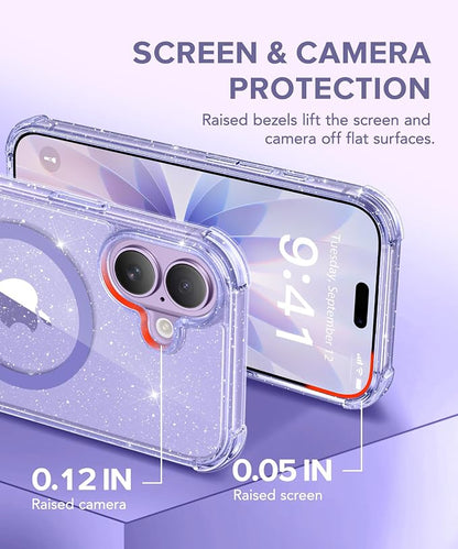 BERFY for iPhone 17 Case for Women, Clear Glitter Shockproof Protective Case, Anti-Yellowing, with Screen Protector & Camera Lens Protector 6.3", Magnetic Sparkle Purple