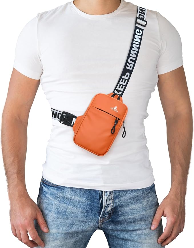 Peicees Mini Crossbody Sling Bag Chest Bag Dual Pocket Water Resistant Fanny Pack Running Phone Holder for Men Women Workout Travel, Orange