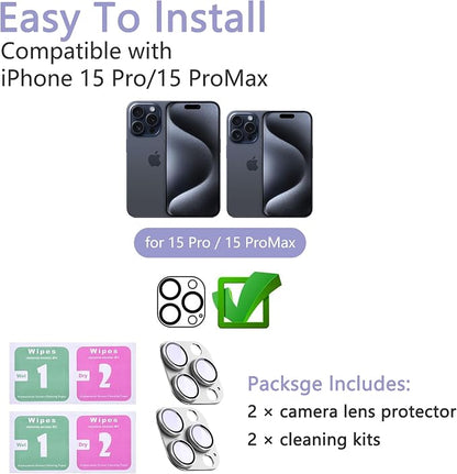 2 Pack Camera Lens Protector for iPhone 15 Pro/15 Pro Max,[Not Easy to Breakn ] AR Tempered Glass Strong Adsorption Metal Camera Cover Screen-Silvery