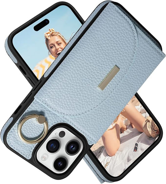 Keallce Wallet Case for iPhone 14 Pro Max 6.7'', Flip Case with Card Slots, Ring Holder Kickstand, PU Leather Protective Folio Cover for Women, Blue