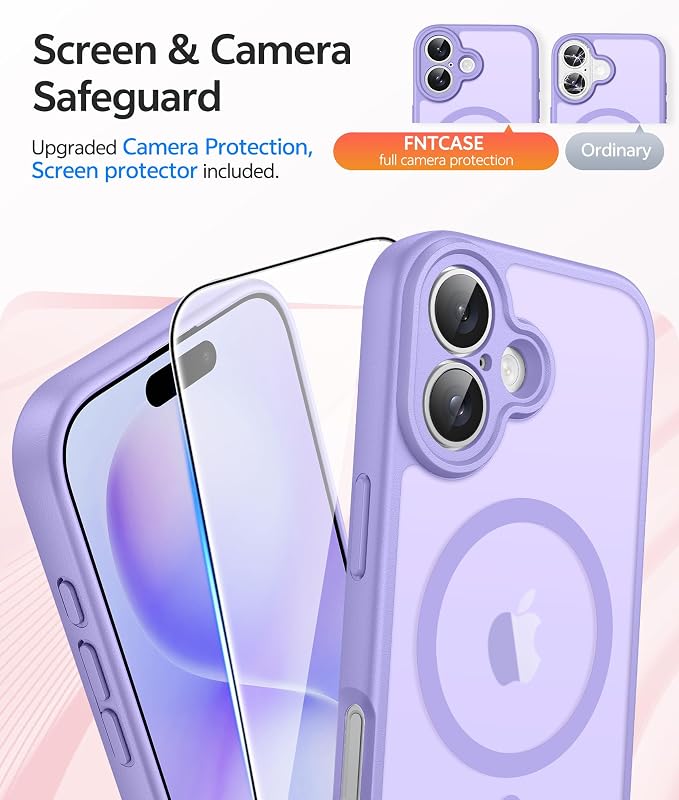 FNTCASE for iPhone 16 Plus Case: [Compatible with Magsafe] Translucent Matte Cases with [Full Camera Protection] [Screen Protector] Military Grade Shockproof Protective Phone Cover - Light Purple