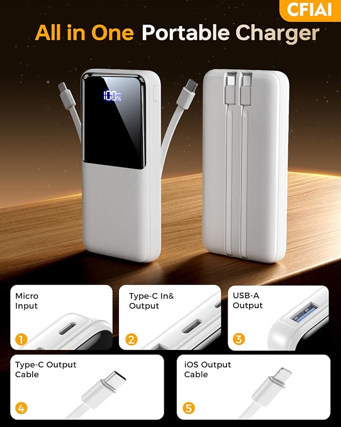 Portable Charger Power Bank - 15000mAh Battery Pack Portable Phone Charger with Built in Cable 22.5W Fast Charging Powerbank Compatible with iPhone Android Samsung Phone, Travel Camping Essential