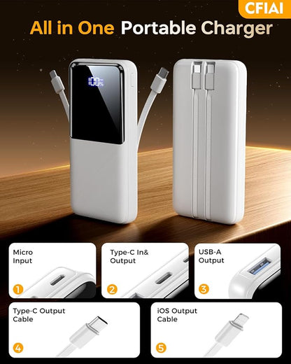 Portable Charger Power Bank - 15000mAh Battery Pack Portable Phone Charger with Built in Cable 22.5W Fast Charging Powerbank Compatible with iPhone Android Samsung Phone, Travel Camping Essential