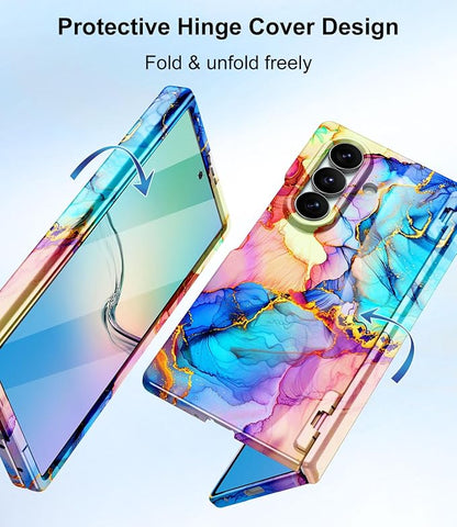 Btscase for Samsung Galaxy Z Fold 7 Case,Built in Front Screen Protector,Gold Glitter Marble Pattern Hard PC Slim Shockproof Full Body Drop Protective Case for Galaxy Z Fold 7 5G, Bright Blue
