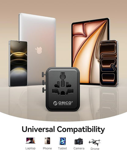 ORICO Universal Travel Adapter 100W GaN International Power Adapter | 7 in 1 (2 AC, 3 USB-C, 2 USB-A) European Travel Plug Adapter, Built-in Retractable USB-C Cable for Eu UK AU 200+ Countries