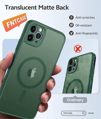 FNTCASE for iPhone 11 Pro Max Case: [Compatible with Magsafe] Translucent Matte Magnetic Cases [Full Camera Protection] Military Grade Shockproof Protective Phone Cover - Green