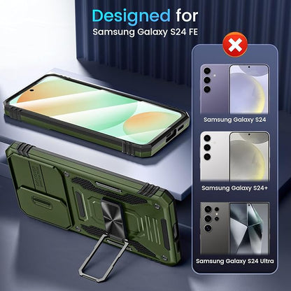 Caka for Samsung Galaxy S24 FE Case [HD Screen Protector] [Full Camera Lens Cover] [360°Rotated Kickstand Ring] [Heavy Duty Protection] Hard Rugged Protective Phone Cover for S24 FE - Olive Gren
