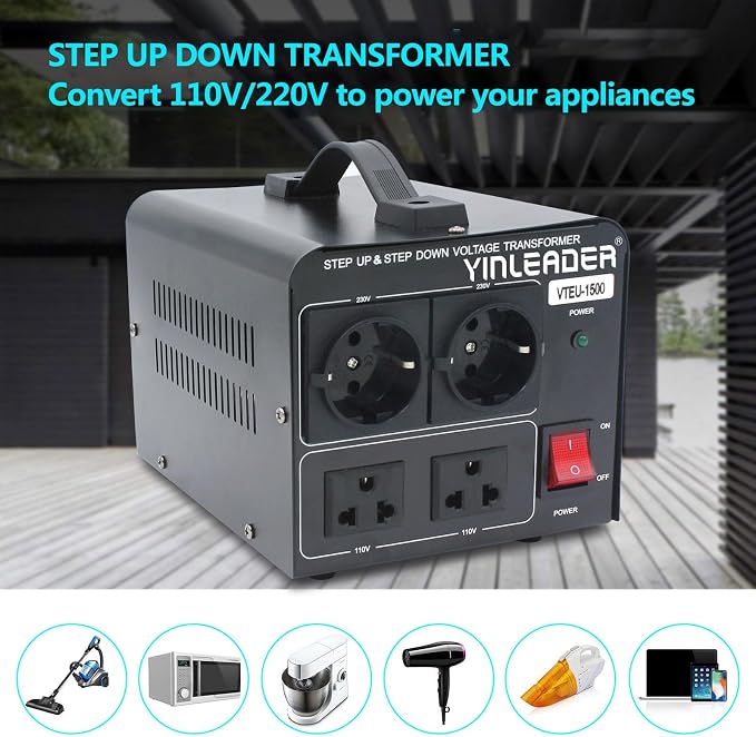 Yinleader 110V to 220V EU Voltage Converter Transformer Step Up/Down | 120V to 240V with 2 US&2 EU Outlets 1500W [110V US Power Cord Included Only, No 220V Cord]