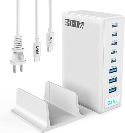 380W USB-C Charger Block, 8-Port USB-C Charging Station PD 30W + 100W PC Laptop, Fast Charging Hub with High-Power Fast Charging Cable for MacBook Pro/Air, DELL, iPad, iPhone, Samsung Galaxy, White