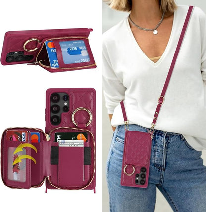 Crossbody Wallet Case for Galaxy S25 Ultra, PU Leather Zipper Handbag Purse Flip Cover, Kickstand Folio Case with Card Slots Holder Wrist Strap Lanyard -Dark red