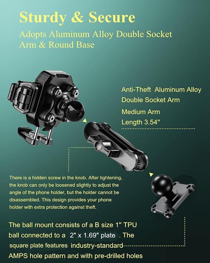 BRCOVAN Anti-Theft Phone Mount Holder with Vibration Dampener [1s Lock & Release] [Camera Friendly] with Aluminum Medium Arm & Square Base, for Car Boat Truck Motorcycle ATV UTV, Fit 5.4-7.2'' Phones