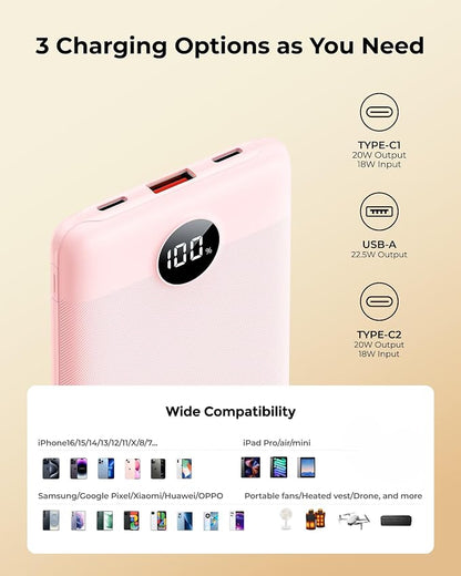 Small Portable Charger 10000mAh, Mini Power Bank with LED Display, 20W Fast Charging USB-C Battery Pack, Compact Travel Charger Compatible with iPhone 17/16/15/14, Android, etc