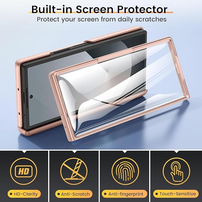VEGO for Galaxy Z Fold 6 Case with Hinge Protection & Screen Protector | Built-in Slide Lens Cover & 360° Rotating Kickstand] Hard PC Full-Body Drop Protection Phone Case for Samsung Z Fold 6 -Gold