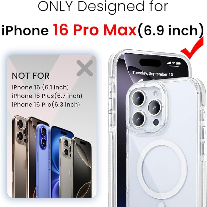 3 in 1 for iPhone 16 Pro Max Case Clear with MagSafe, Yellowing-Resistant Acrylic Back, Shockproof Guard Corners, Military-Grade Protection for iPhone 16 Pro Max Phone Case Clear Bumper