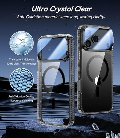 [Upgraded Full Camera Protection] for iPhone 17 Pro Max Case with Camera Cover Stand [Fit for MagSafe][10FT Mil-Grade Protection] Transparent Magnetic iPhone 17 Pro Max Phone Case, Clear Black