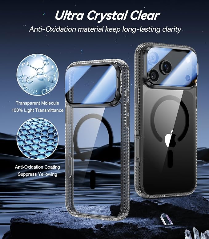 [Upgraded Full Camera Protection] for iPhone 17 Pro Case with Camera Cover Stand [Fit for MagSafe][10FT Mil-Grade Protection] Transparent Magnetic iPhone 17 Pro Phone Case, Clear Black