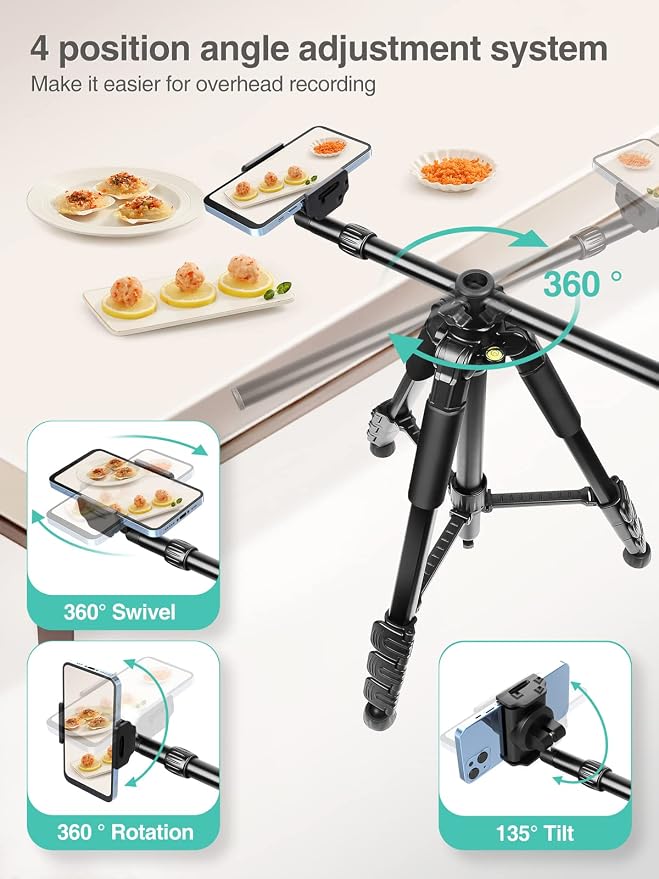 Elitehood iPhone Tripod for Overhead Video Recording [Heavy Duty & Ultra-Stable], 25in Horizontal Long Extendable Boom, 360° Rotation iPhone Tripod Stand with Remote, Vertical 71" Tall Phone Stand